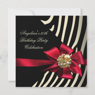 50th Zebra Red Gold Cream Black Birthday Party Invitation