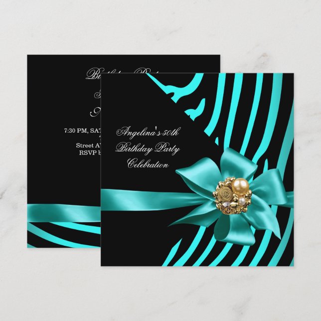 50th Zebra Teal Gold Black Elegant Birthday Party Invitation (Front/Back)