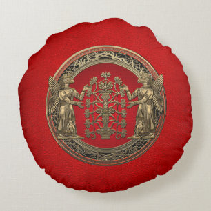 [510] Two Gold Ninurtas with Tree of Life Round Cushion