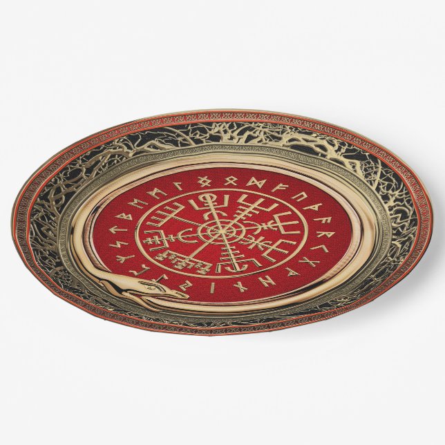 [510] Vegvisir - Viking Gold Magic Runic Compass Paper Plate (Angled)