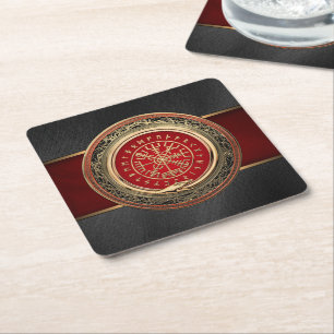 [510] Vegvisir - Viking Gold Magic Runic Compass Square Paper Coaster