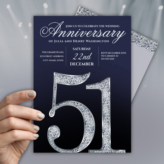 51st Anniversary Diamond Silver Navy Blue Modern Invitation (Creator Uploaded)