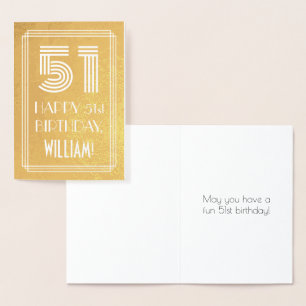 51st Birthday – Art Deco Inspired Look "51" + Name Foil Card