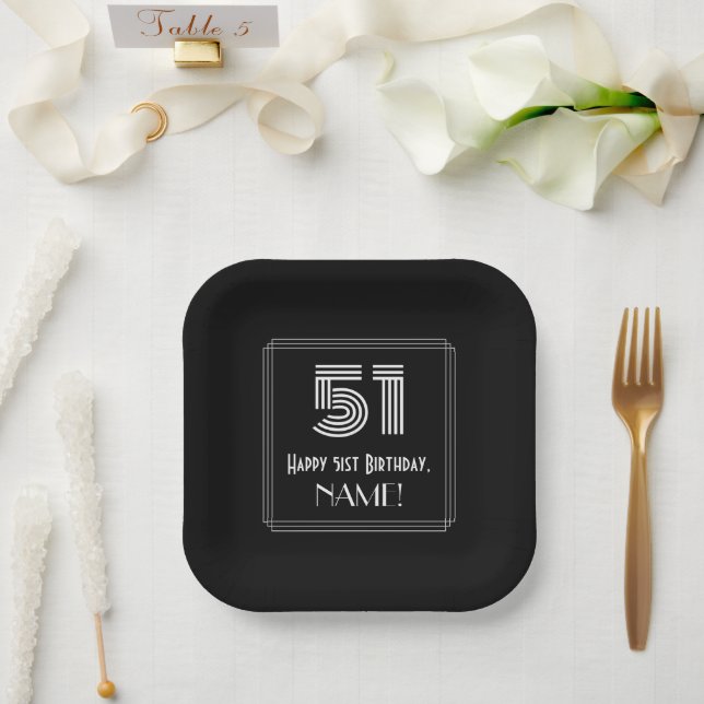 51st Birthday — Art Deco Inspired Look “51” + Name Paper Plate (Wedding)