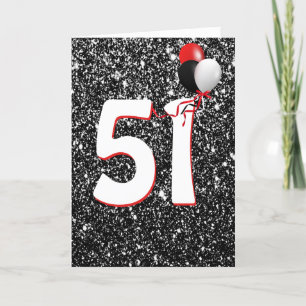 51st Birthday Balloons on Black Glitter  Card