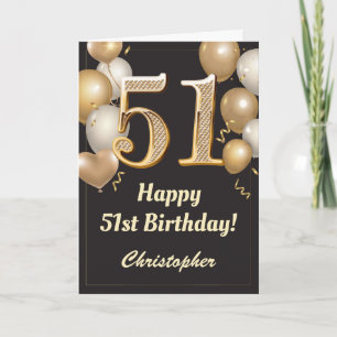 51st Birthday Black and Gold Balloons Confetti Card