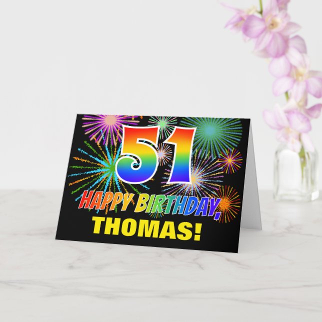 51st Birthday: Bold, Fun, Fireworks, Rainbow 51 Card (Orchid)