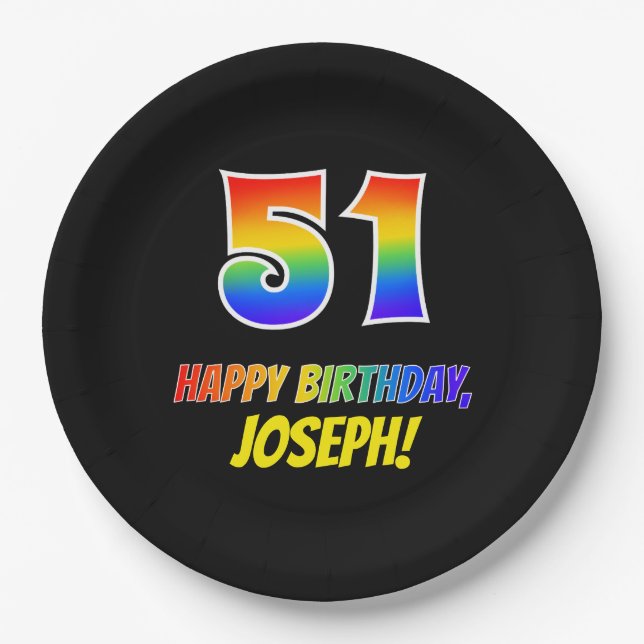 51st Birthday: Bold, Fun, Simple, Rainbow 51 Paper Plate (Front)
