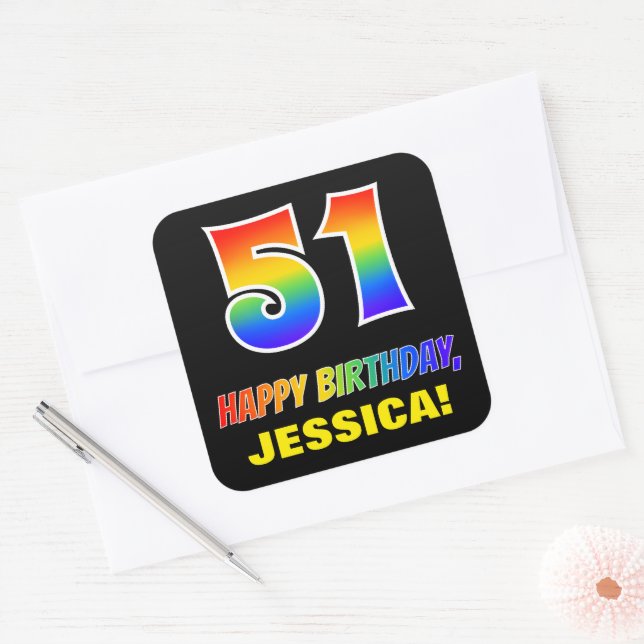 51st Birthday: Bold, Fun, Simple, Rainbow 51 Square Sticker (Envelope)