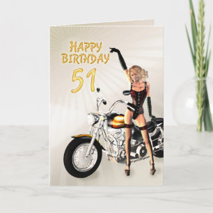 51st Birthday card with a motorbike girl