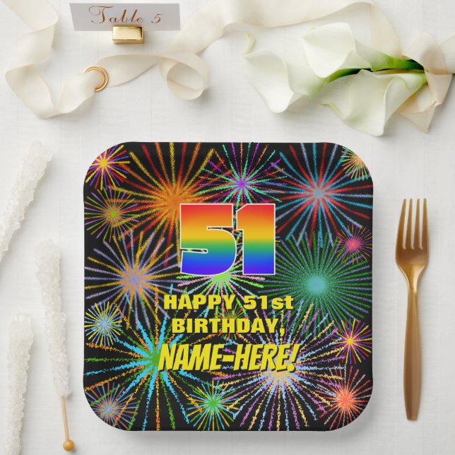 51st Birthday: Colourful, Fun Celebratory Firework Paper Plate (Wedding)