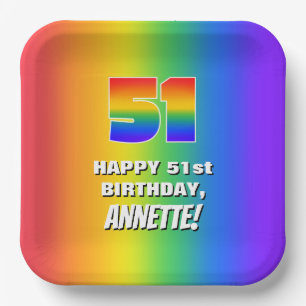 51st Birthday: Colourful, Fun Rainbow Pattern # 51 Paper Plate