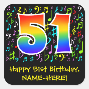 51st Birthday: Colourful Music Symbols, Rainbow 51 Square Sticker