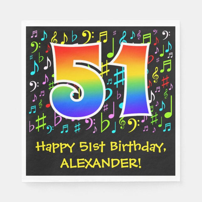 51st Birthday - Colourful Music Symbols, Rainbow 5 Napkin (Front)