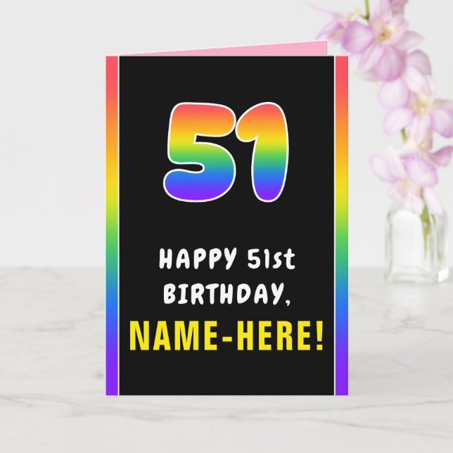 51st Birthday: Colourful Rainbow # 51, Custom Name Card (Orchid)