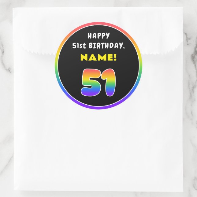 51st Birthday: Colourful Rainbow # 51, Custom Name Classic Round Sticker (Bag)