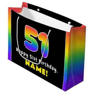 51st Birthday: Colourful Rainbow # 51, Custom Name Large Gift Bag