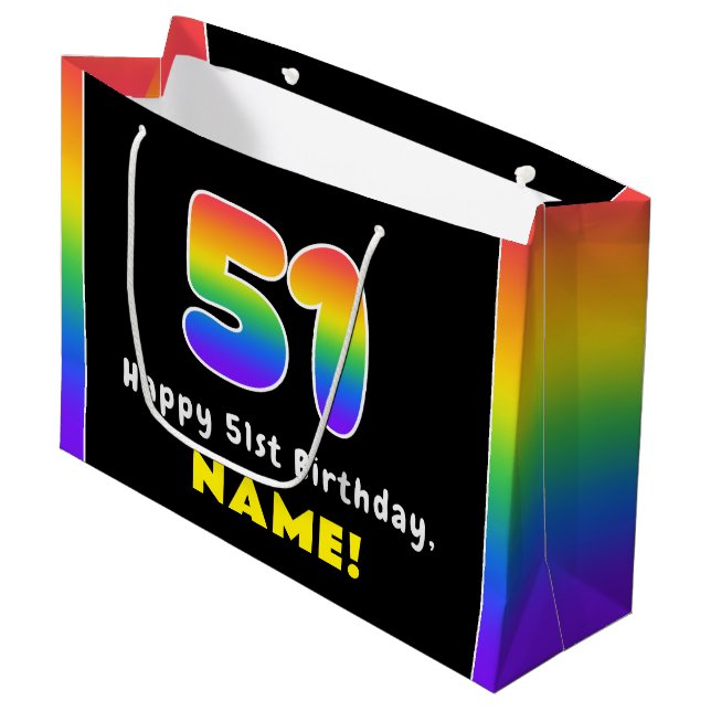 51st Birthday: Colourful Rainbow # 51, Custom Name Large Gift Bag (Front Angled)