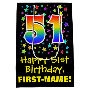 51st Birthday: Colourful Stars Pattern & Rainbow 5 Medium Gift Bag