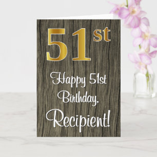 51st Birthday: Elegant Faux Gold Look #, Faux Wood Card