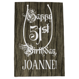 51st Birthday: Fancy, Faux Wood Look + Custom Name Medium Gift Bag