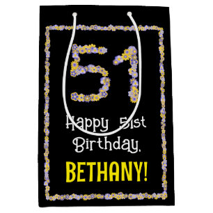 51st Birthday: Floral Flowers Number, Custom Name Medium Gift Bag