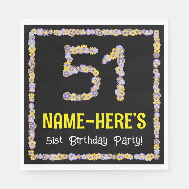 51st Birthday: Floral Flowers Number, Custom Name Napkin (Front)