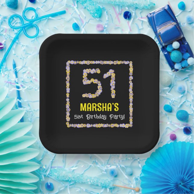 51st Birthday: Floral Flowers Number, Custom Name Paper Plate (Party)