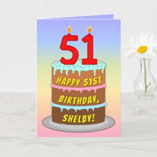 51st Birthday — Fun Cake & Candles, w/ Custom Name Card