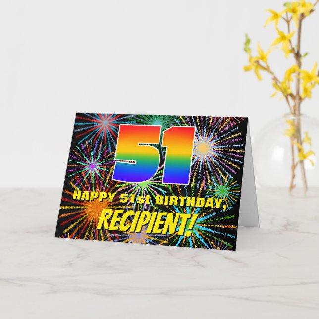 51st Birthday: Fun, Colourful Celebratory Firework Card (Yellow Flower)