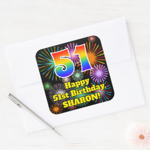 51st Birthday: Fun Fireworks Look, Rainbow # 51 Square Sticker