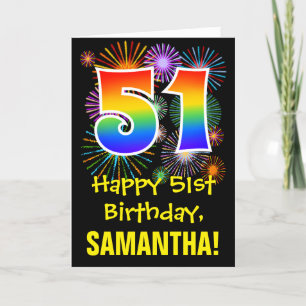 51st Birthday: Fun Fireworks Pattern + Rainbow 51 Card