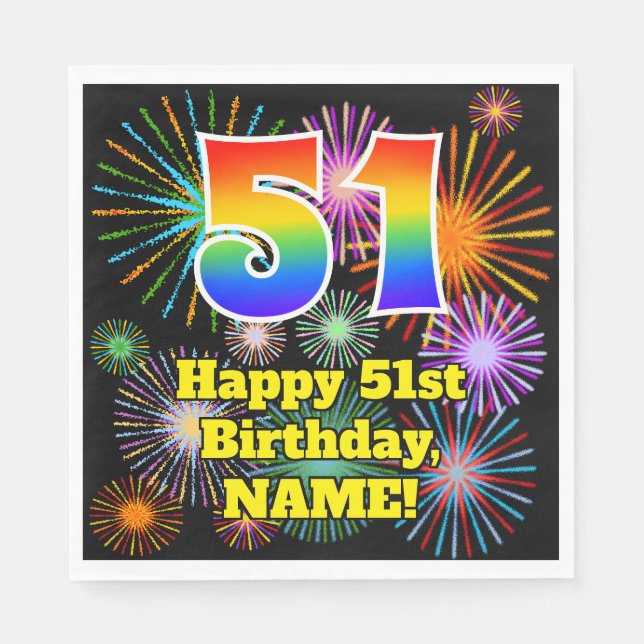 51st Birthday: Fun Fireworks Pattern + Rainbow 51 Napkin (Front)