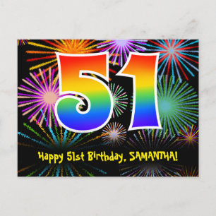 51st Birthday – Fun Fireworks Pattern + Rainbow 51 Postcard