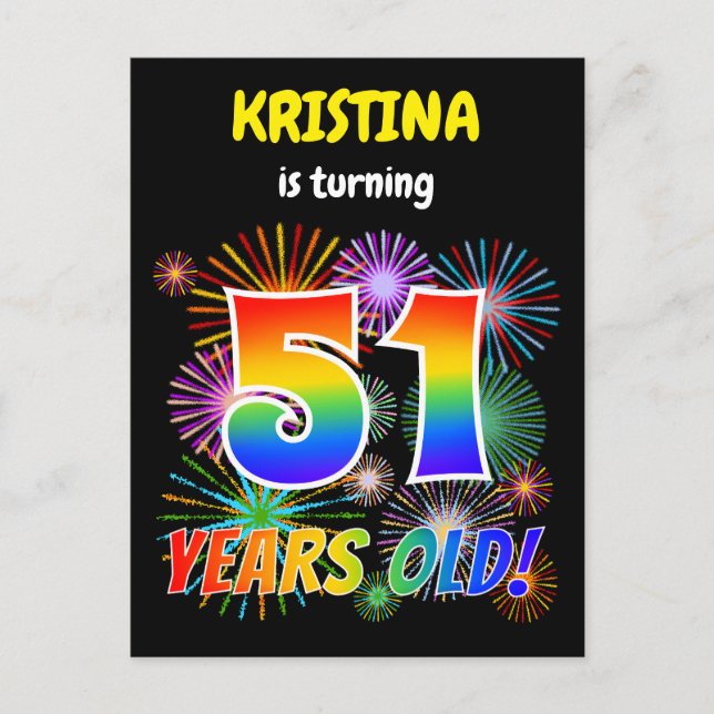 51st Birthday - Fun Fireworks, Rainbow Look "51" Postcard (Front)