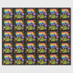 51st Birthday: Fun Fireworks, Rainbow Look # “51” Wrapping Paper