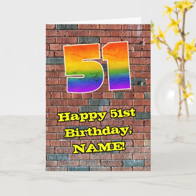 51st Birthday: Fun Graffiti-Inspired Rainbow 51 Card (Yellow Flower)