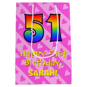 51st Birthday: Fun Pink Hearts Stripes; Rainbow 51 Medium Gift Bag