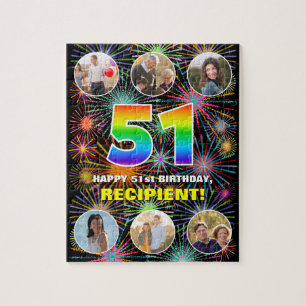 51st Birthday: Fun Rainbow #, Custom Name + Photos Jigsaw Puzzle