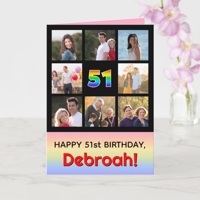 51st Birthday: Fun Rainbow #, Custom Photos + Name Card (Orchid)