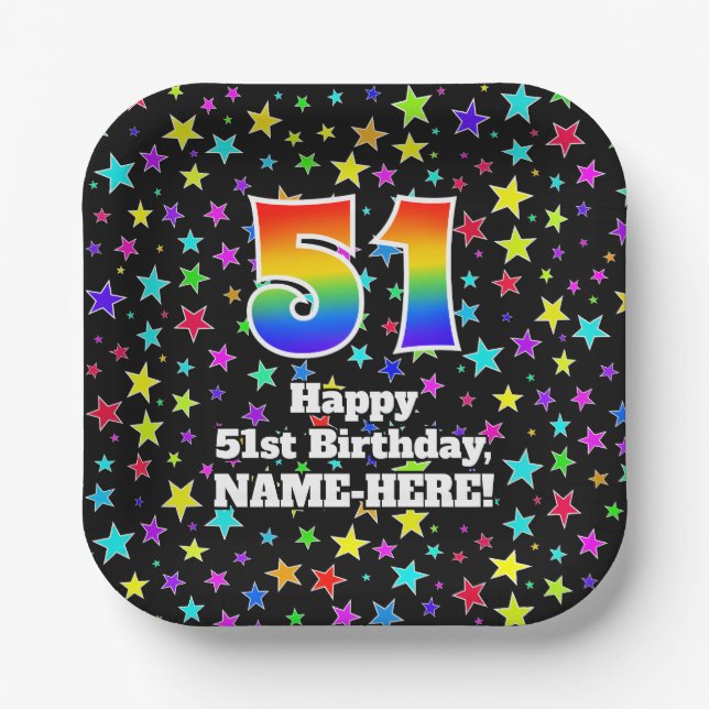 51st Birthday: Fun Stars Pattern and Rainbow “51” Paper Plate (Front)