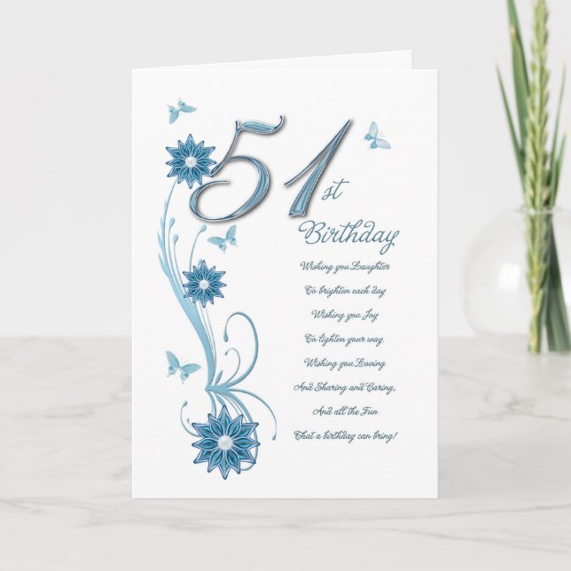 51st birthday in teal with flowers and butterfly card (Front)