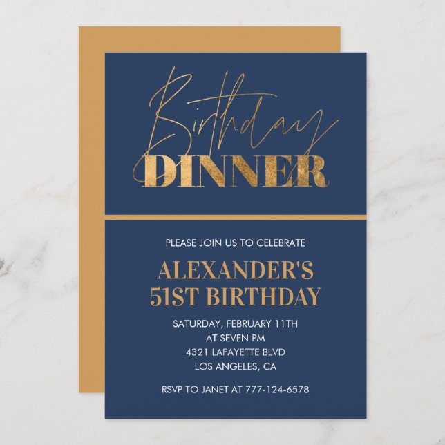 51st birthday invitation Birthday Dinner Gold Navy (Front/Back)