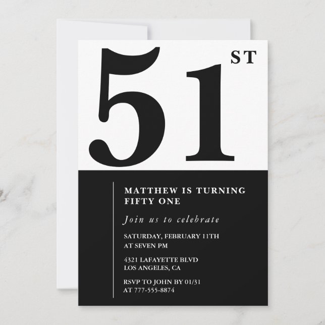 51st birthday invitations Black and White Elegant (Front)