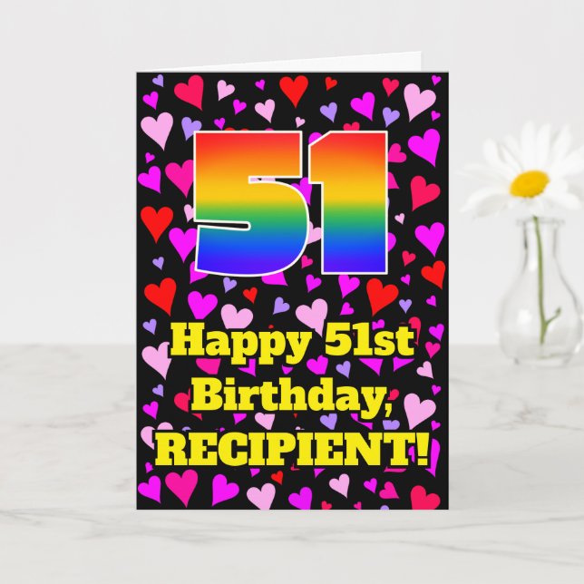 51st Birthday: Loving Hearts Pattern, Rainbow # 51 Card (Small Plant)