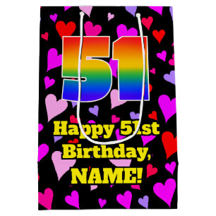 51st Birthday: Loving Hearts Pattern, Rainbow # 51 Medium Gift Bag