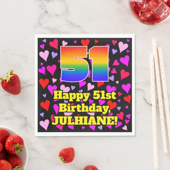 51st Birthday: Loving Hearts Pattern, Rainbow # 51 Napkin (Insitu)