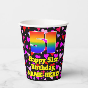 51st Birthday: Loving Hearts Pattern, Rainbow 51 Paper Cups