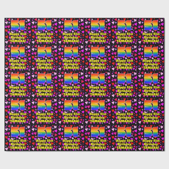 51st Birthday: Loving Hearts Pattern, Rainbow # 51 Wrapping Paper (Seam)