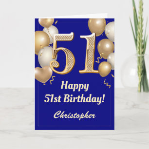 51st Birthday Navy Blue and Gold Balloons Confetti Card